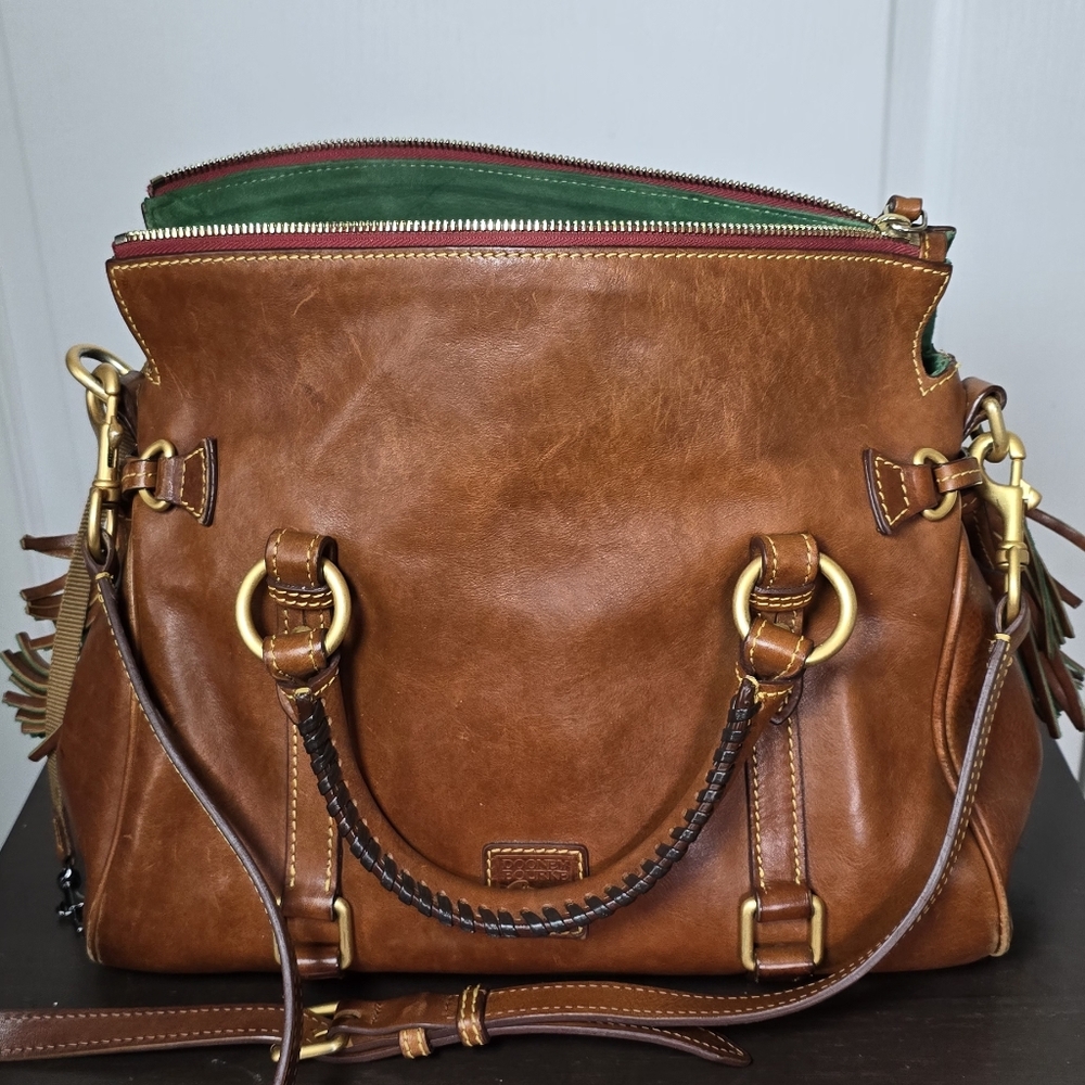 Dooney & Bourke Brown Leather Satchel with Green Interior and Red Zipper